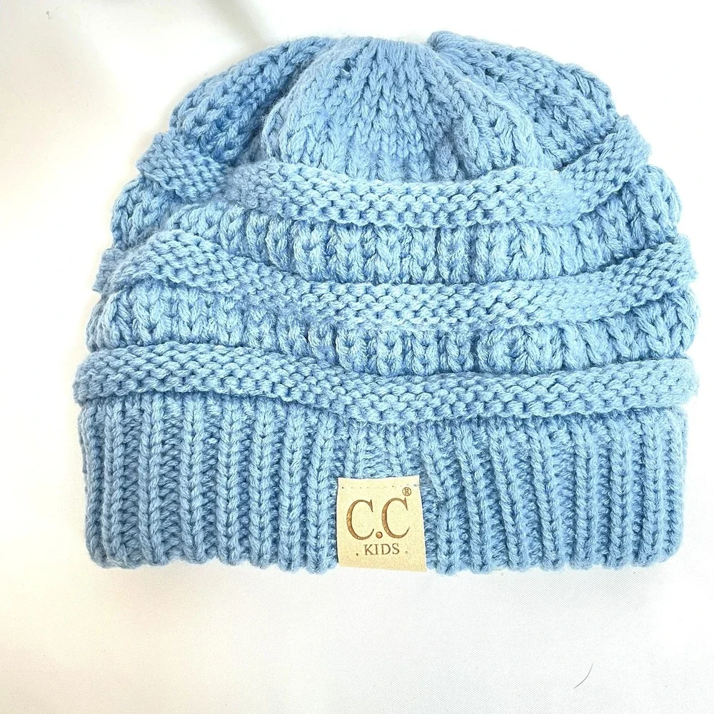 C.C. Kids BeanieTail Soft Stretch CC Cable Knit Beanie High Bun Ponytail Hat Cap